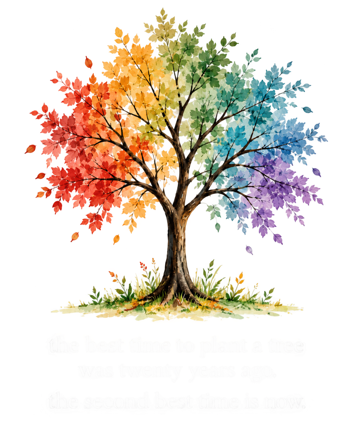 Colourful watercolor tree with the words: The best time to plant a tree was twenty years ago. The second best time is now.